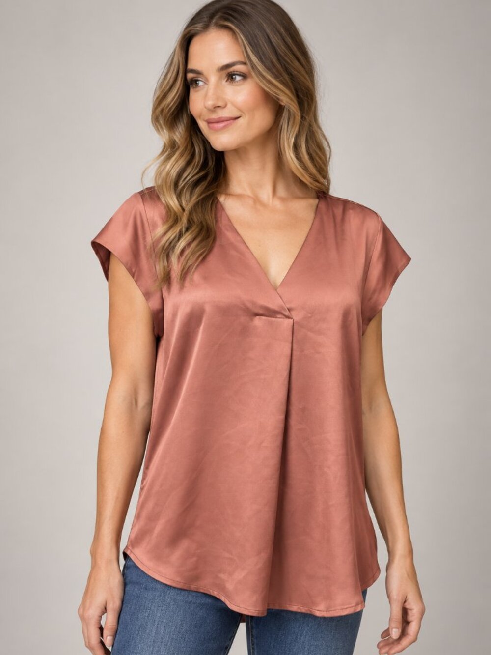 Liz Claiborne S Mauve Satin V Neck Blouse Quiet Luxury Minimalist Workwear